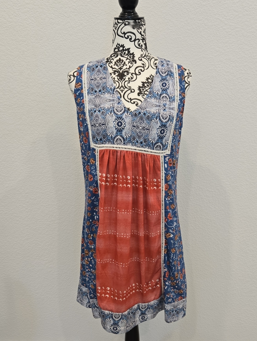 Boho Mixed-Print Sleeveless Dress - Blue & Rust